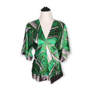 BCBG MAXAZRIA Y2K 90s Satin Geometric Green Kimono Size XS
